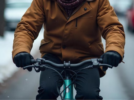 A man in a winter coat rides a bike, enjoying the chilly weather with a smile on his face.